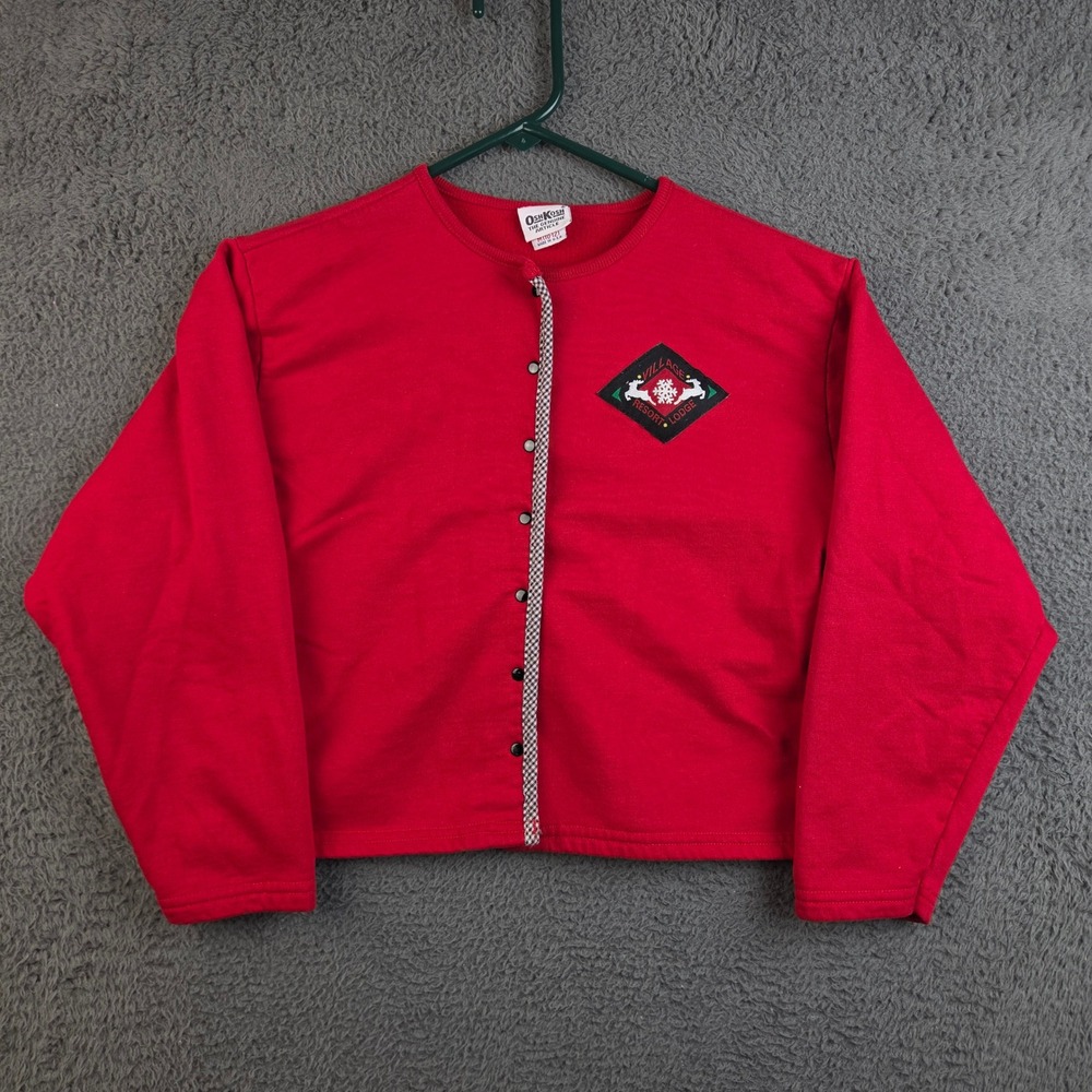 Vintage OshKosh Sweatshirt Cardigan Kids M 10-12 Village Resort Red Snap Front